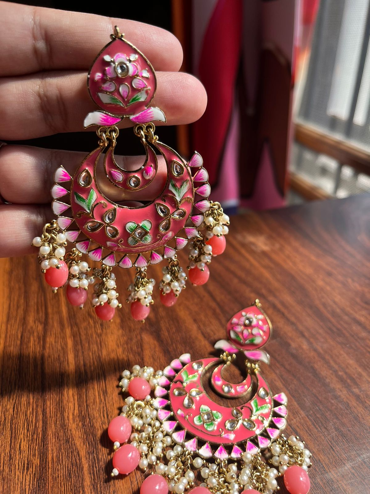 Light weight chandbali peach pink minakari earrings with pearl maatal –  Cherrypick